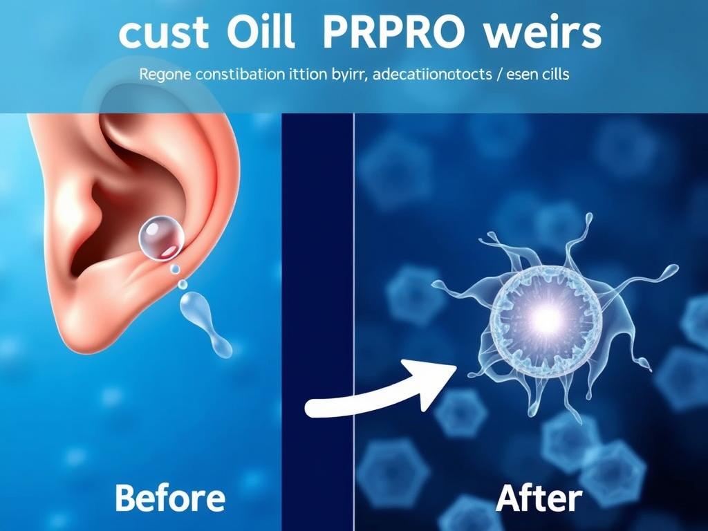 Wizualizacja działania Acust Oil PRO na komórki słuchowe, pokazująca proces regeneracji