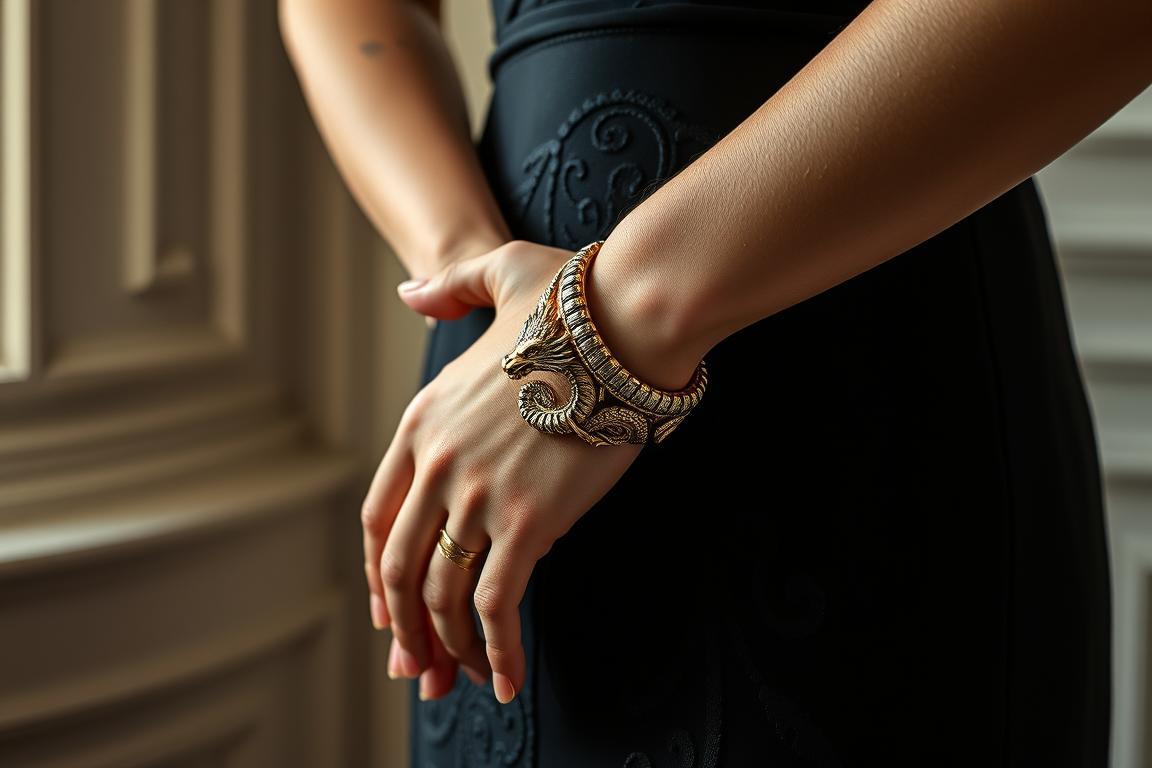 Dragon Pattern Bracelet jako dodatek do eleganckiej sukienki wieczorowej